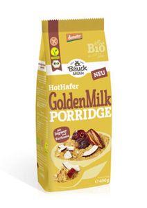 KI generiert: Das Bild zeigt eine Packung "HotHafer Golden Milk Porridge" der Marke Bauck Mühle. Es handelt sich um ein biologisches Produkt mit der Geschmacksrichtung "Golden Milk" und enthält 400 g.