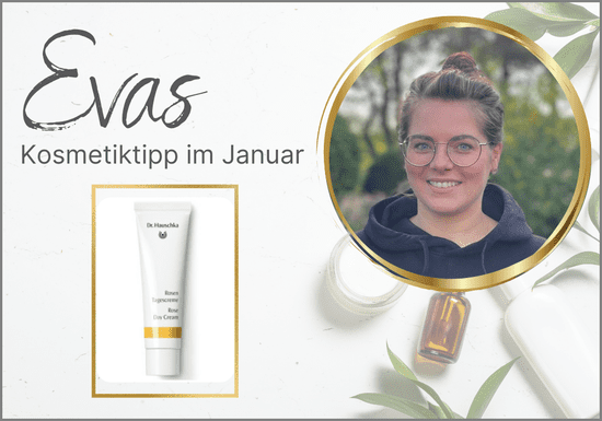 KI generiert: Das Bild zeigt eine Empfehlung für eine Rosen-Tagescreme von Dr. Hauschka als Kosmetiktipp im Januar. Rechts befindet sich ein Porträtfoto einer lächelnden Frau.