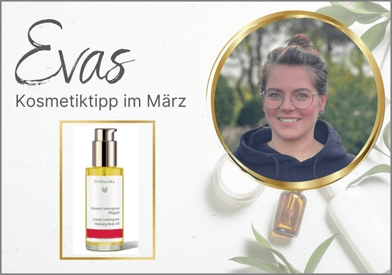 KI generiert: Das Bild zeigt einen Kosmetiktipp von Eva für den Februar, illustriert durch eine Augencreme und ein Foto einer lächelnden Frau. Der Hintergrund ist mit kosmetischen Flaschen und grünen Blättern dekoriert.