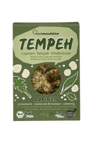 KI generiert: Das Bild zeigt eine Verpackung von Lupinen-Tempeh mit Wildkräutern der Marke Tempehmanufaktur. Die Verpackung hebt die veganen, proteinreichen und traditionell fermentierten Eigenschaften des Produkts hervor.
