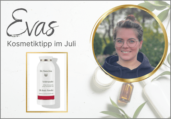 KI generiert: Das Bild zeigt einen Kosmetiktipp von Eva für den Februar, illustriert durch eine Augencreme und ein Foto einer lächelnden Frau. Der Hintergrund ist mit kosmetischen Flaschen und grünen Blättern dekoriert.