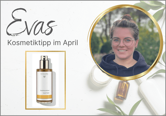 KI generiert: Das Bild zeigt einen Kosmetiktipp von Eva für den Februar, illustriert durch eine Augencreme und ein Foto einer lächelnden Frau. Der Hintergrund ist mit kosmetischen Flaschen und grünen Blättern dekoriert.