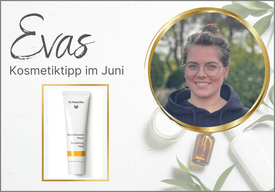 KI generiert: Das Bild zeigt einen Kosmetiktipp von Eva für den Februar, illustriert durch eine Augencreme und ein Foto einer lächelnden Frau. Der Hintergrund ist mit kosmetischen Flaschen und grünen Blättern dekoriert.