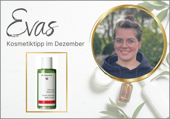 KI generiert: Das Bild zeigt einen Kosmetiktipp von Eva für den Februar, illustriert durch eine Augencreme und ein Foto einer lächelnden Frau. Der Hintergrund ist mit kosmetischen Flaschen und grünen Blättern dekoriert.