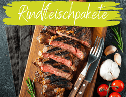 KI generiert: Das Bild zeigt ein saftig gegrilltes Rindersteak, das in Scheiben geschnitten auf einem Holzbrett angerichtet ist, begleitet von Tomaten, Knoblauch und Rosmarin. Der Schriftzug "Rindfleischpakete" hebt den Hauptinhalt des Bildes hervor.