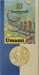 KI generiert: Das Bild zeigt eine Verpackung von Sonnentor mit der Geschmacksrichtung "Umami," auf der ein Chamäleon abgebildet ist. Durch ein rundes Fenster im unteren Bereich der Verpackung ist eine körnige, gewürzähnliche Mischung sichtbar.