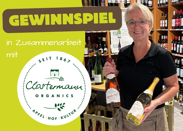 KI generiert: Frau hält Flaschen in einem Laden. Text: "GEWINNSPIEL in Zusammenarbeit mit Clostermann Organics".