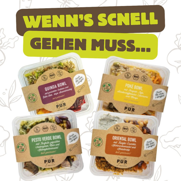 KI generiert: Vier verschiedene Fertiggerichte in Schalen. Text: "WENN'S SCHNELL GEHEN MUSS..."
