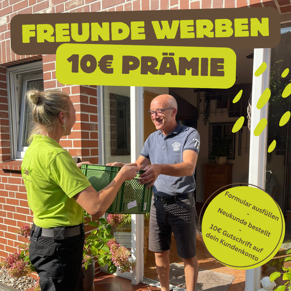 KI generiert: Eine Frau übergibt einem Mann eine Kiste, Text: "FREUNDE WERBEN 10€ PRÄMIE".
