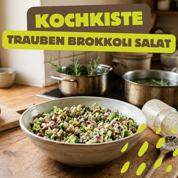 KI generiert: Schüssel mit Trauben-Brokkoli-Salat in einer Küche. Text: "KOCHKISTE TRAUBEN BROKKOLI SALAT".