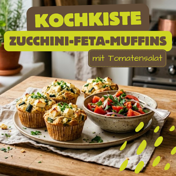 KI generiert: Zucchini-Feta-Muffins und Tomatensalat auf einem Teller. Text: "KOCHKISTE ZUCCHINI-FETA-MUFFINS mit Tomatensalat".