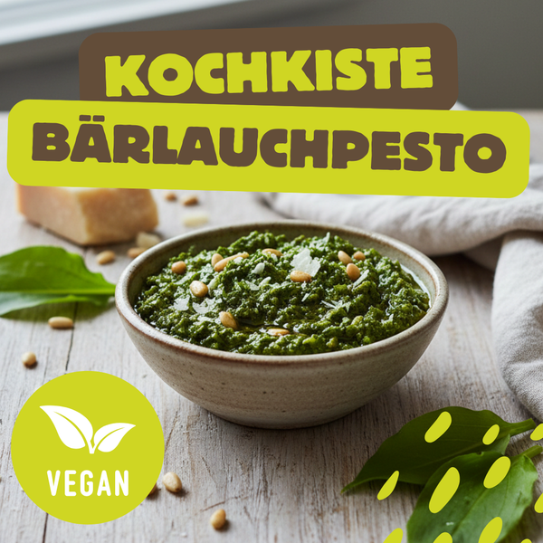 KI generiert: Schüssel mit grünem Bärlauchpesto, Text: "KOCHKISTE BÄRLAUCHPESTO, VEGAN".