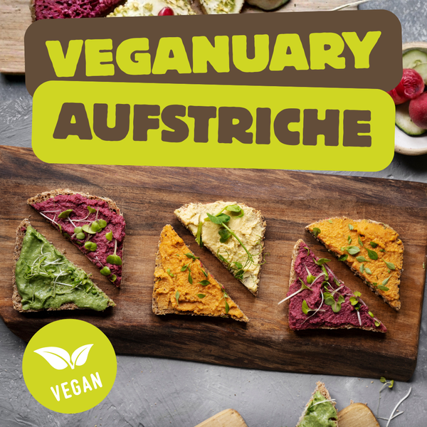 KI generiert: Brot mit veganen Aufstrichen. Text: "VEGANUARY AUFSTRICHE VEGAN".