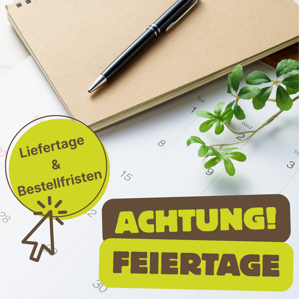 KI generiert: Ein Notizbuch und Stift auf einem Kalender. Text: "Liefertage & Bestellfristen" und "ACHTUNG! FEIERTAGE".