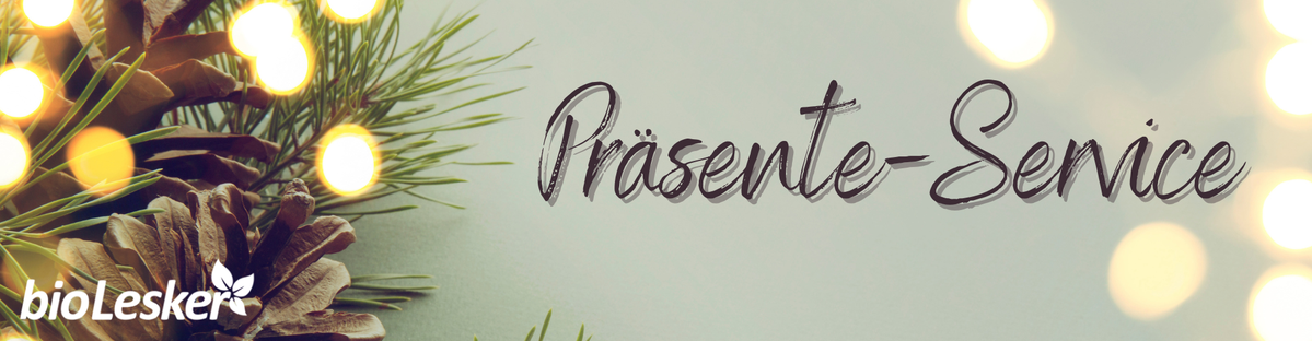 KI generiert: Tannenzapfen und Zweige mit Lichtern, Text: "Präsente-Service" und "bio Lesker".