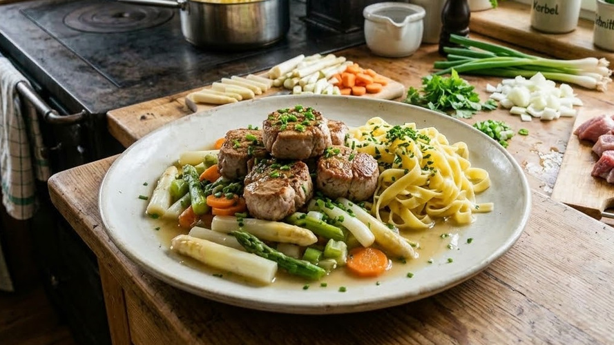 Rezeptbild für Schweinemedaillons mit Spargelgemüse