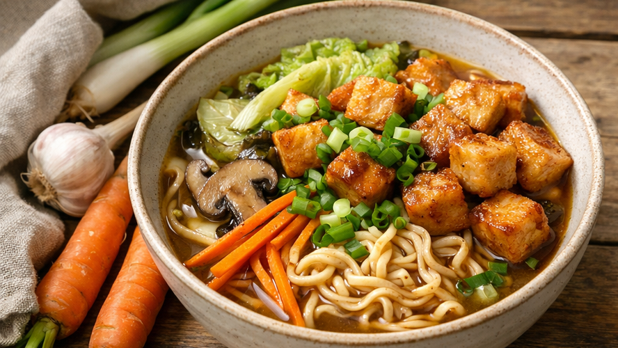 Rezeptbild für Thai-Ramen mit Pilzen und knusprigem Tofu