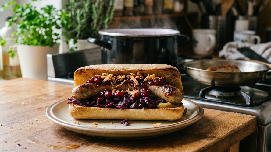 Rezeptbild für Winterlicher Bratwurst-Hotdog im Brötchen