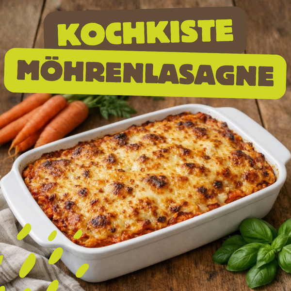 KI generiert: Auflauf mit gebräuntem Käse, Text: "KOCHKISTE MÖHRENLASAGNE".