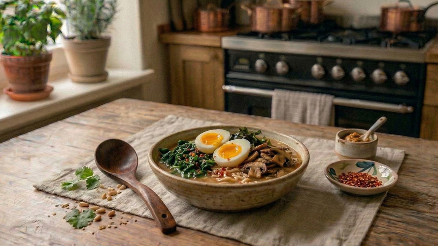 Rezeptbild für Ramen mit Pilzen und Spinat (One Pot)