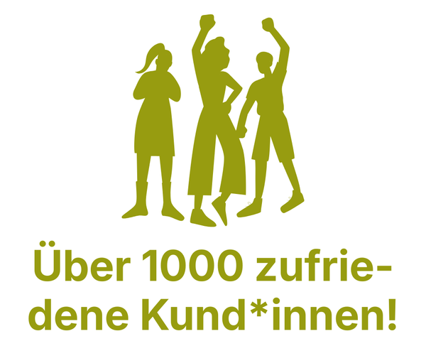 KI generiert: Drei Figuren jubeln. Text: "Über 1000 zufriedene Kund*innen!"