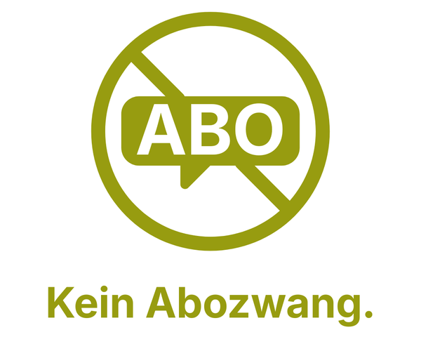 KI generiert: Ein durchgestrichenes Abo-Symbol; Text: "Kein Abozwang".