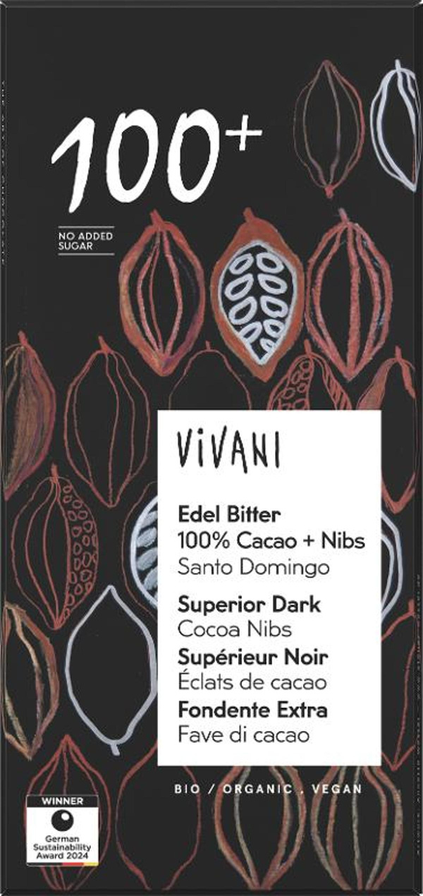 Produktfoto zu Edel Bitter 100% Kakao und Nibs Tafelschokolade 80g