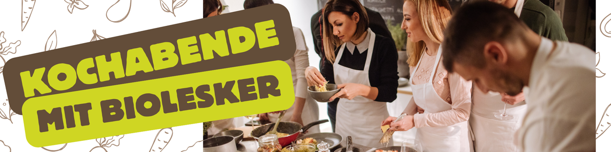 KI generiert: Leute beim gemeinsamen Kochen; Text: "Kochabende mit BIOlesker".