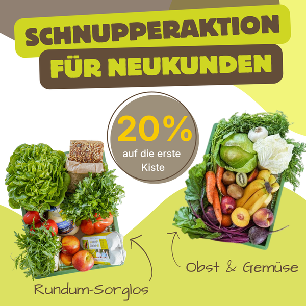 KI generiert: Sonderangebot für Neukunden, 20% auf die erste Kiste. Enthält Bilder von Obst- und Gemüsekisten.