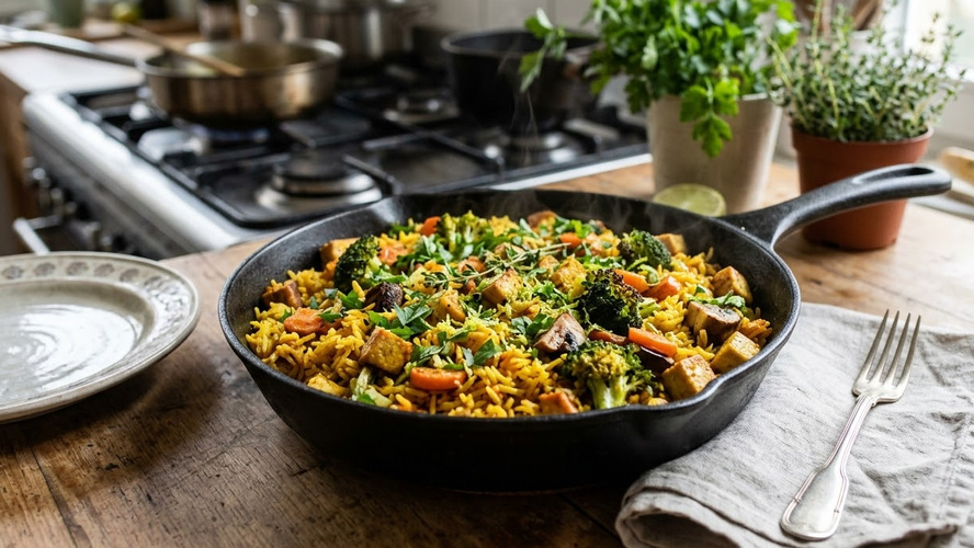 Rezeptbild für Reispfanne mit Brokkoli und Möhren (vegan)