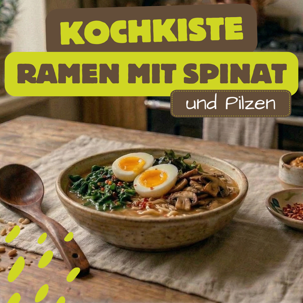 KI generiert: Schüssel mit mediterranem Kartoffelsalat. Text: "KOCHKISTE KARTOFFELSALAT mediterran".