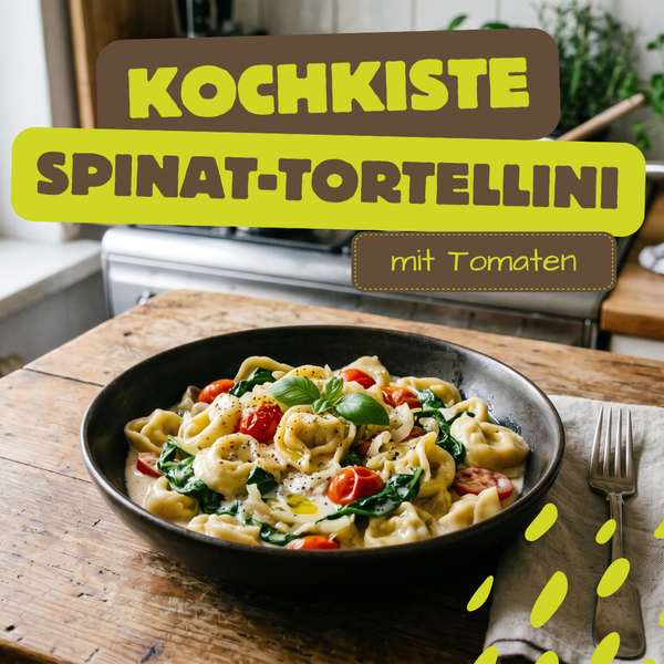 KI generiert: Ein Teller mit Spinat-Tortellini und Tomaten. Text: "KOCHKISTE SPINAT-TORTELLINI mit Tomaten".