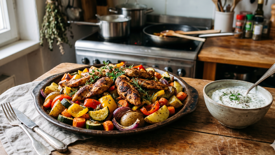 Rezeptbild für Mariniertes Hähnchen mit Ofengemüse & Joghurt-Dip