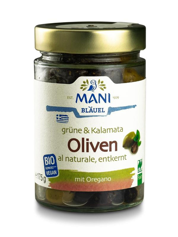 Produktfoto zu MANI Grüne & Kalamata Oliven Al Naturale, Entkernt 175g