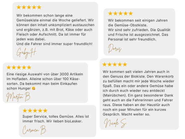 KI generiert: Es sind positive Bewertungen von einem Bio-Lieferdienst zu sehen.