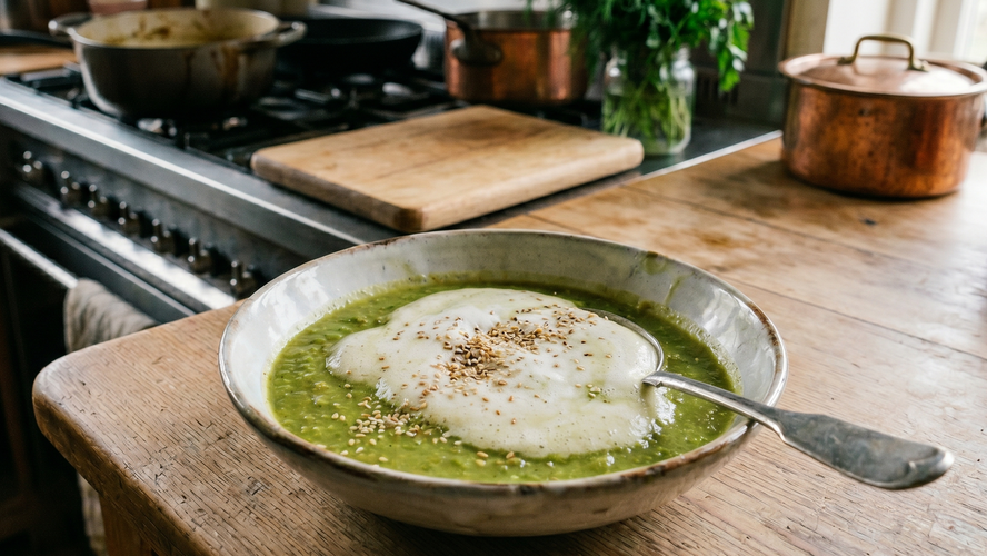 Rezeptbild für Erbsen-Miso-Suppe mit Kokos-Häubchen und Gomasio-Topping