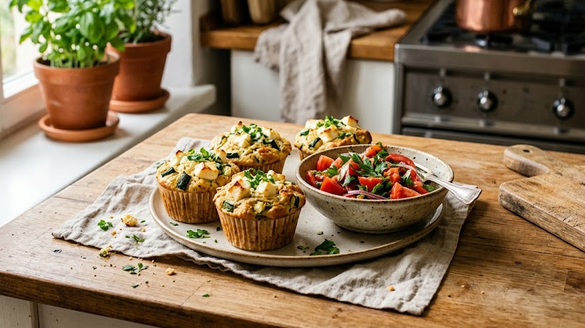 Rezeptbild für Zucchini-Feta-Muffins mit  Tomatensalat