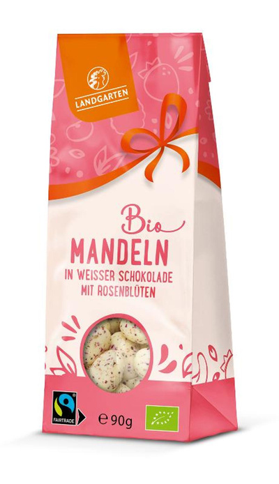 Produktfoto zu Mandeln in weißer Zitronen Schokolade mit Rosenblüten 90g