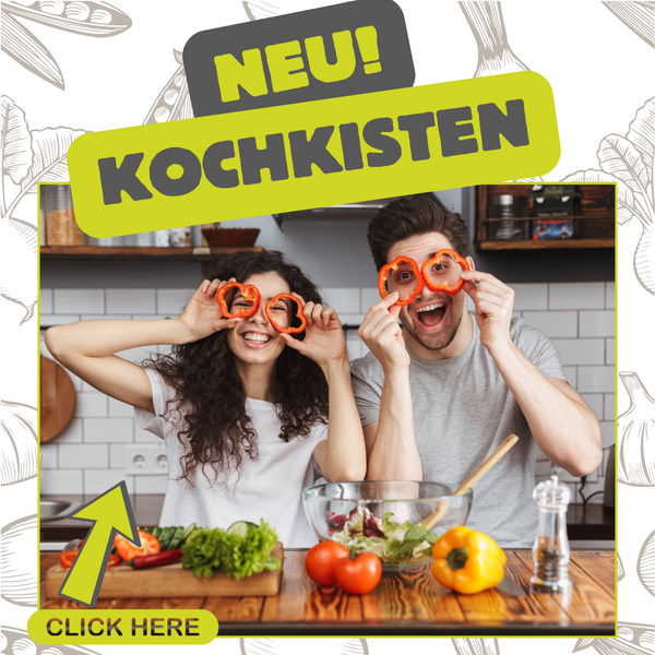 KI generiert: Ein Paar in einer Küche hält Paprikaringe vor die Augen. Text: "NEU! KOCHKISTEN CLICK HERE".