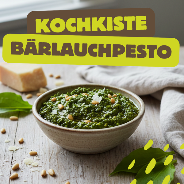 KI generiert: Schale mit Bärlauchpesto, umgeben von Pinienkernen und Käse. Text: "Kochkiste Bärlauchpesto".