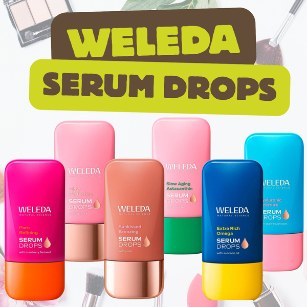 KI generiert: Bunte "Weleda Serum Drops"-Flaschen in verschiedenen Farben. Text: "WELEDA SERUM DROPS".