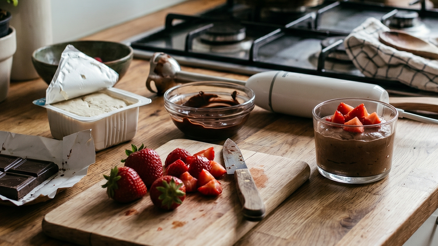 Rezeptbild für Mousse au Chocolat mit Erdbeertopping
