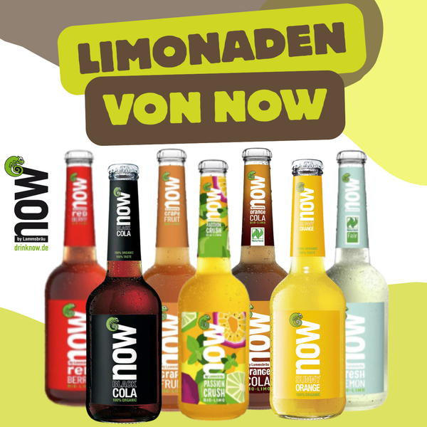 KI generiert: Sechs Flaschen NOW Limonade in verschiedenen Geschmacksrichtungen. "LIMONADEN VON NOW" steht oben.