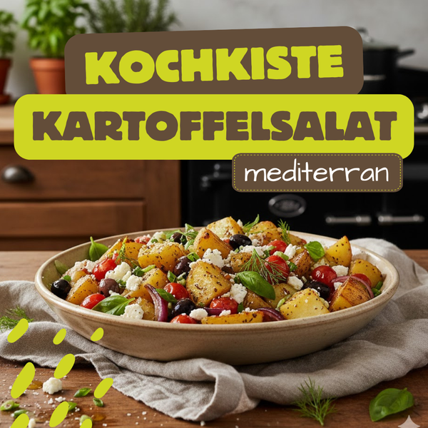 KI generiert: Schüssel mit mediterranem Kartoffelsalat. Text: "KOCHKISTE KARTOFFELSALAT mediterran".