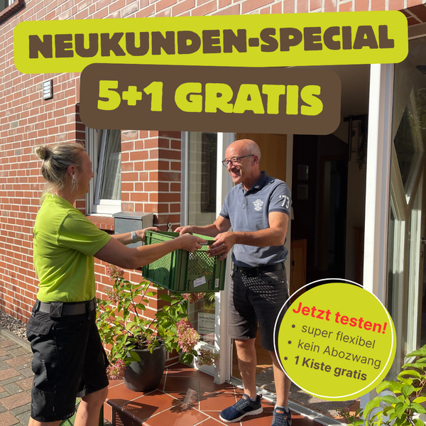 KI generiert: Ein Lieferant überreicht einem Mann eine Kiste. Text: "NEUKUNDEN-SPECIAL 5+1 GRATIS Jetzt testen! super flexibel kein Abozwang 1 Kiste gratis".