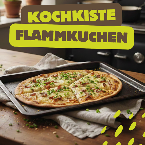 KI generiert: Ein Flammkuchen auf einem Blech. Text: "KOCHKISTE FLAMMKUCHEN".