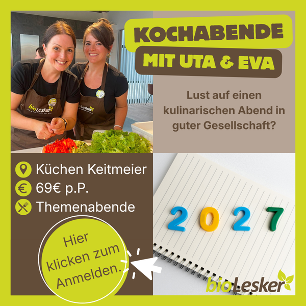 KI-generierte Beschreibung: Kochabende mit Uta & Eva bei Küchen Keitmeier, 69€ p.P., Themenabende 2027.