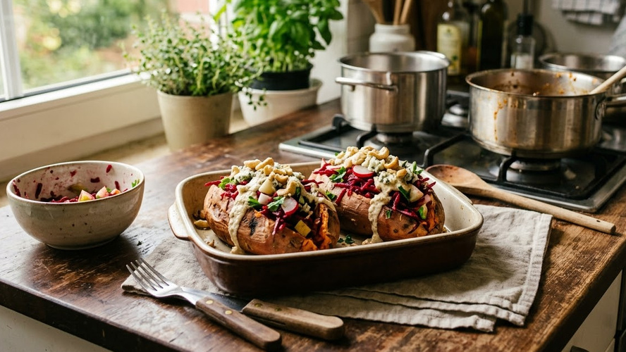 Rezeptbild für Gefüllte Süßkartoffel mit roter Bete und Birne