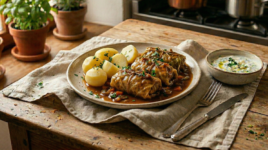 Rezeptbild für Vegane Kohlrouladen  mit Bratensoße & Kartoffeln