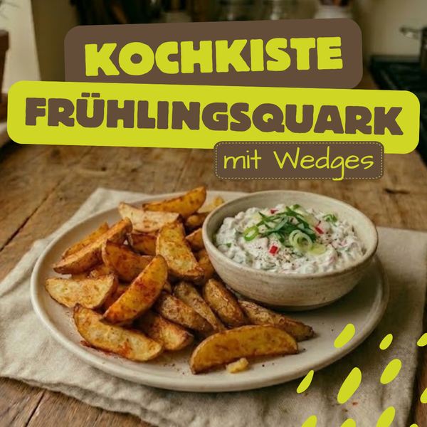 KI generiert: Ein Teller mit Kartoffelwedges und einem Schälchen Frühlingsquark auf Holztisch. Text: "KOCHKISTE FRÜHLINGSQUARK mit Wedges".